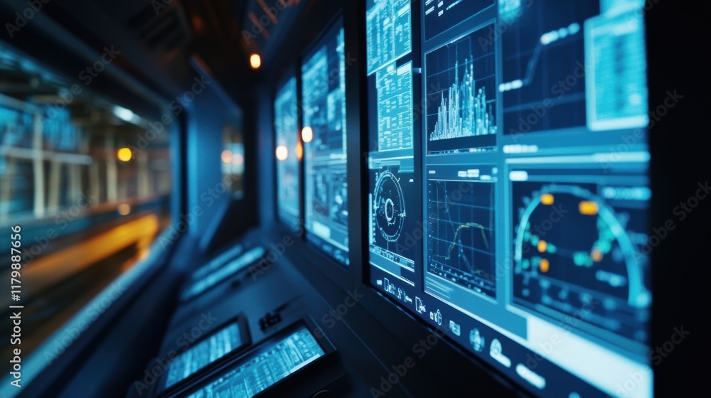 Poster multiple computer screens displaying charts and graphs enable real time monitoring and analysis of a