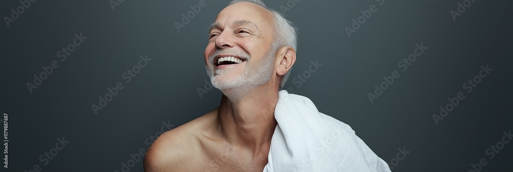 Poster a man is smiling and wearing a towel. the image has a happy and relaxed mood. the man's facial expre