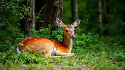 Mother deer and fawn peacefully resting together among lush greenery in the serene forest setting, tranquility, nature, wildlife