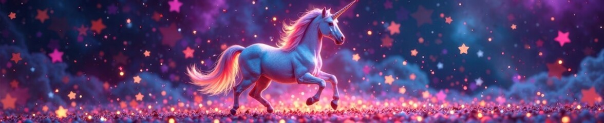 Fototapeta premium Glittering unicorn frolics amidst a scattering of star-shaped confetti on a cosmic background, radiating pure delight, joy, cosmos, happiness