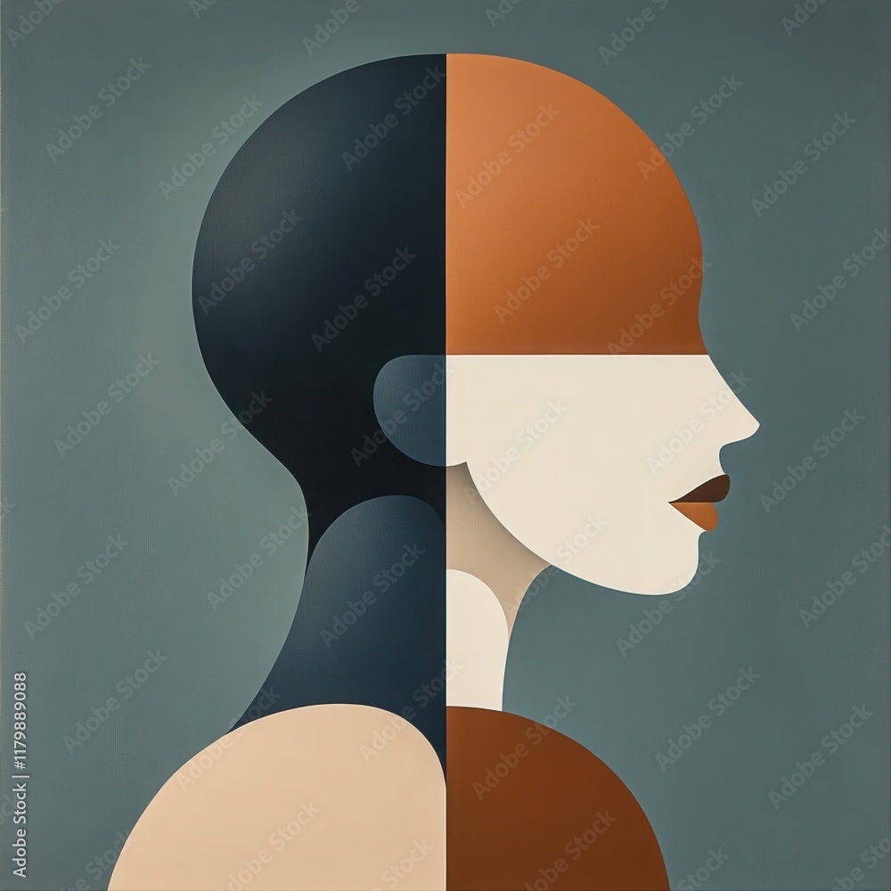 Poster abstract representation of human profile with geometric shapes in balanced tones creating a modern a