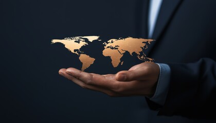 A businessman holds a gold world map in his hand, symbolizing global reach, connectivity, and international business opportunities.