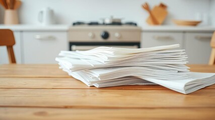 Neatly stacked white paper napkins on wooden table with blurred kitchen background, wooden, napkins, paper