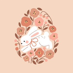Cute Easter rabbit with spring flowers. Hand drawn white bunny illustration on floral background. Perfect for tee shirt logo, greeting card, poster or nursery print design. EPS 10 vector file.