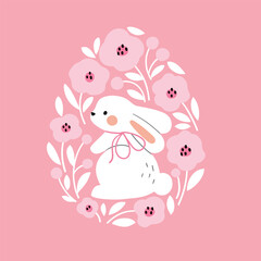 Cute Easter rabbit with spring flowers. Hand drawn white bunny illustration on floral background. Perfect for tee shirt logo, greeting card, poster or nursery print design. EPS 10 vector file.