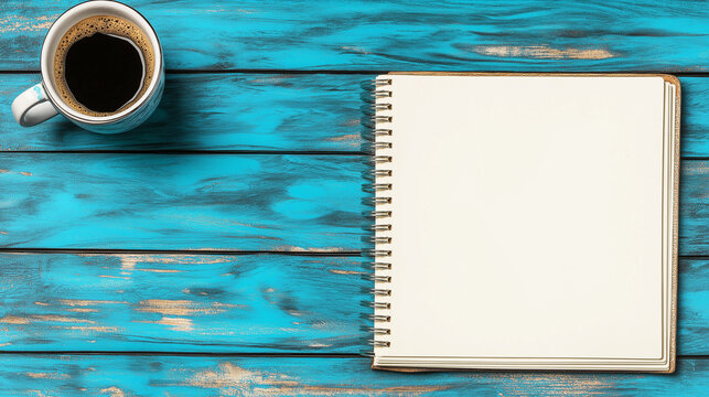 Morning Coffee & Blank Notebook: A cup of coffee and a blank notebook on a weathered blue wooden table.  Perfect for your next blog post or journal entry.  