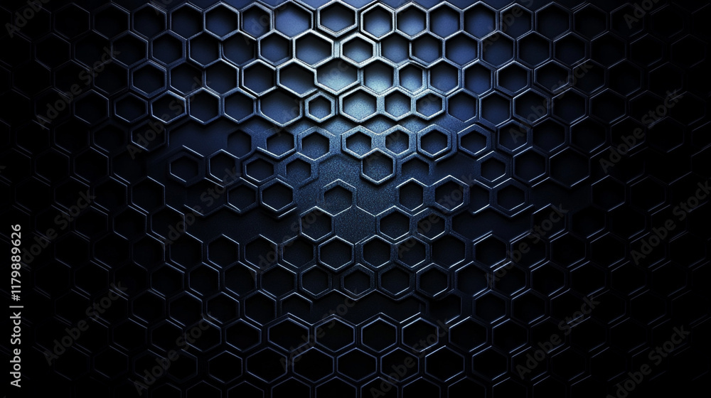 Poster tech geometric black background with hexagon texture, dark blue technology hexagonal background. abs