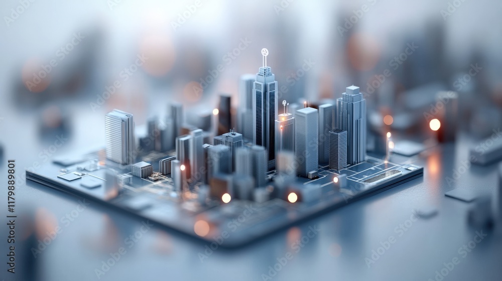 Poster Modern Cityscape with Sleek Skyscrapers and Soft Bokeh Background, Featuring High-Tech Architectural Elements and a Futuristic Vibe for Urban Development Projects