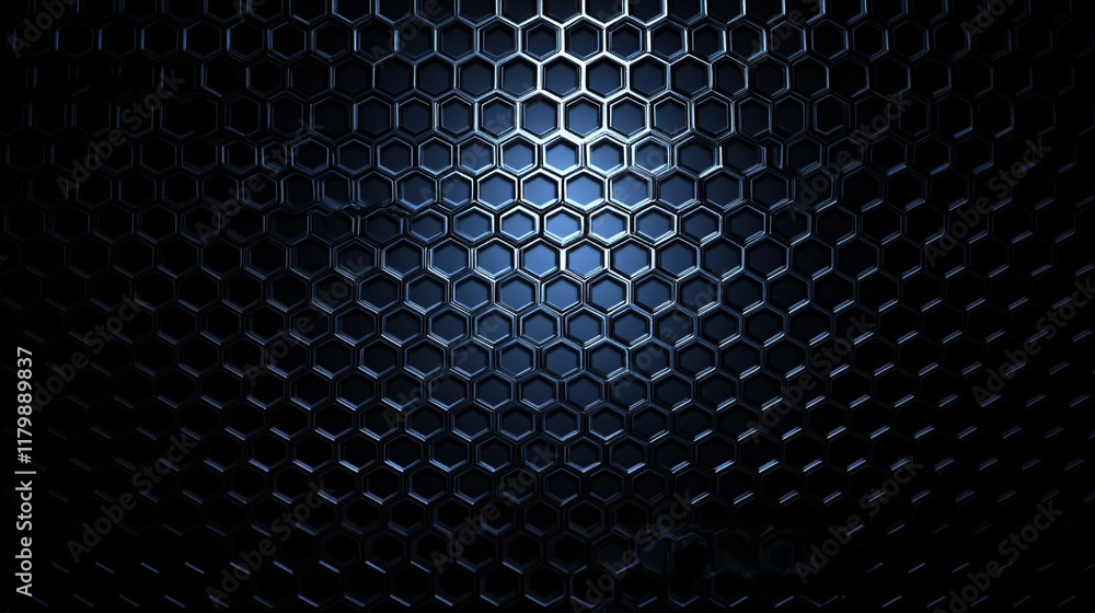 Poster tech geometric black background with hexagon texture, dark blue technology hexagonal background. abs
