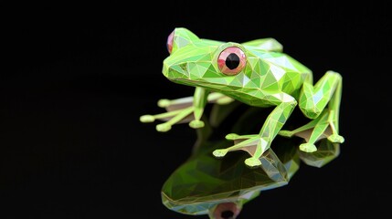 Obraz premium Neon Low-Poly Frog Perched on Reflective Surface - Ultra-Detailed Cinematic Image