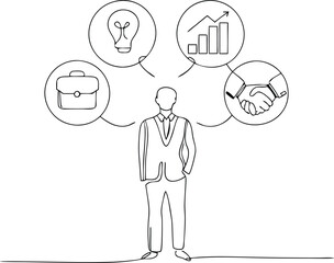 Business Icons Are Floating Above Businessman Head Concept Continuous One Line Drawing Illustration