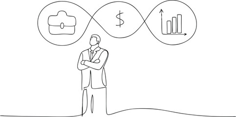Business Icons Are Floating Above Businessman Head Concept Continuous One Line Drawing Illustration