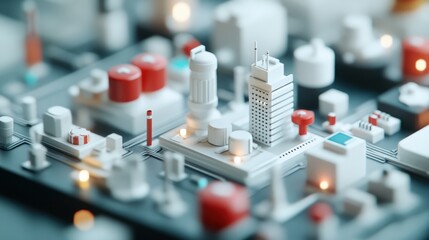 Detailed Close-Up of a Futuristic City Model with Red and White Structures, Showing Skyscrapers, Roads, and Various Architectural Designs in a Modern Urban Landscape
