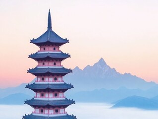 Serene Pagoda Silhouette Against Misty Mountains at Dawn, Highlighting Traditional Architecture and Natural Beauty in a Tranquil Landscape