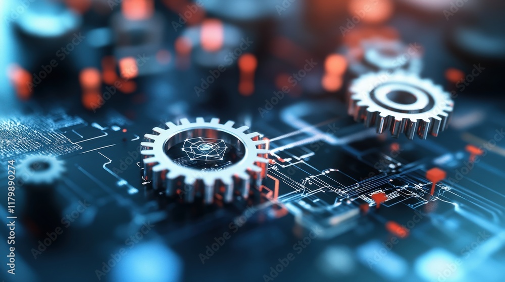 Poster abstract close-up of metallic gears on a futuristic circuit board, symbolizing technology, innovatio