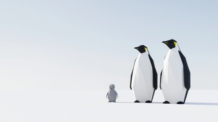 Charming Low-Poly Penguin Family in Snowy Landscape - Ultra-Detailed Polygonal Cinematic Image of Black-and-White Parents with Gray Chick