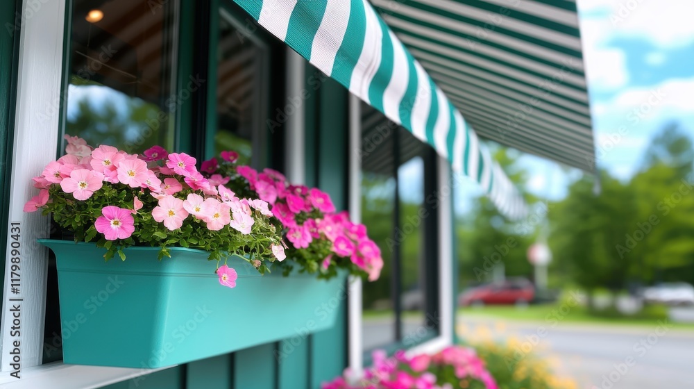Poster a charming storefront with a striped awning and flower boxes, inviting customers to browse local bus