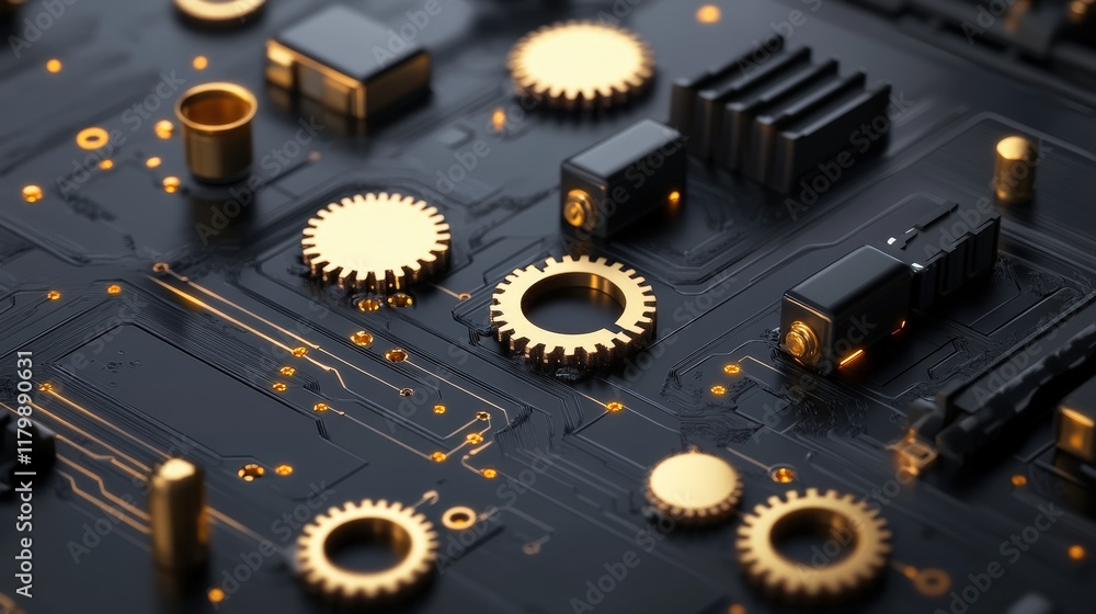 Poster intricate close-up of a futuristic circuit board with golden gears and electronic components against