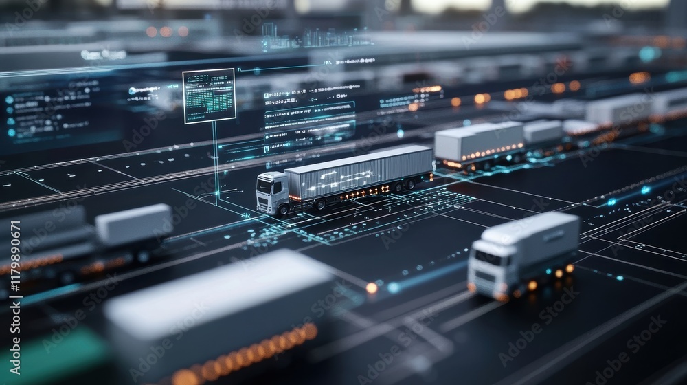Poster autonomous trucks are driving on a futuristic highway, surrounded by data streams, representing the 