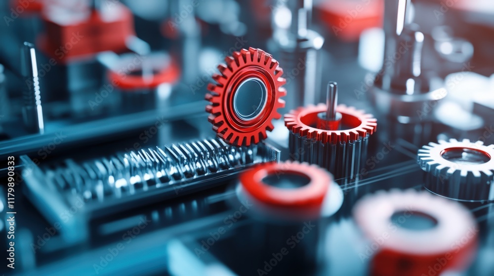 Poster Close-Up of Precision Mechanical Gears and Components in a Modern Technology Workshop with a Focus on Innovative Engineering Design and Assembly
