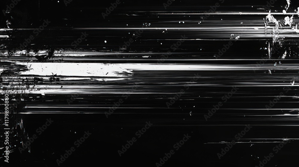 Poster black and white dynamic linear glitch art with abstract paint texture and splatters