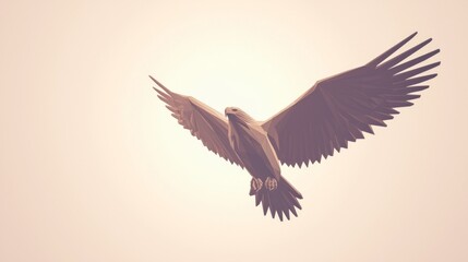 Fototapeta premium Polygonal Majesty: Low-Poly Eagle Soaring in Cinematic Flight with Ultra-Detailed Brown Wings Against Pale Sky Background