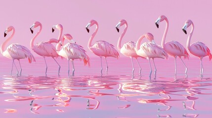 Obraz premium Vibrant Low-Poly Flamingo Flock in Tropical Paradise: Ultra-Detailed Cinematic Image with Watery Reflection
