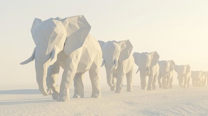 Majestic Elephant Herd in Low-Poly Style Crossing Dusty Savanna with Stunning Cinematic Ultra-Detailed Gray Shades