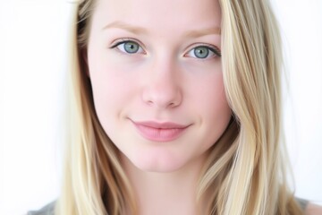 Fototapeta premium a close-up portrait of a young woman with long, straight blonde hair. She is facing the camera with a neutral expression on her face. Her hair is styled in loose waves and falls over her shoulders.