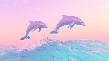 Ethereal Low-Poly Dolphins Leaping from Stylized Wave in Pastel Cinematic Scene