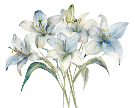 Delicate watercolor painting of white lilies with green leaves.