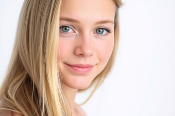 a close-up portrait of a young woman with long, straight blonde hair. She is facing the camera with a neutral expression on her face. Her hair is styled in loose waves and falls over her shoulders.