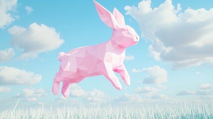 Obraz premium Energetic Low-Poly Rabbit in a Geometric Wonderland Under Pastel Polygons Sky - Ultra-Detailed 3D Rendering