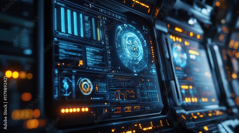 Poster futuristic control panel displaying complex data and information with holographic interface, illumin