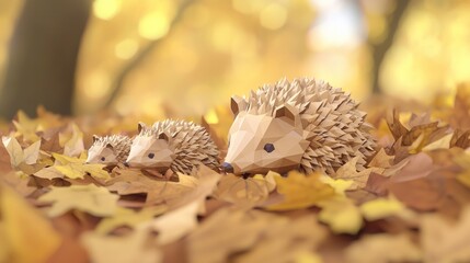 Obraz premium Low-Poly Hedgehog Family Amid Autumn Leaves - Ultra-Detailed Cinematic Image of Brown Polygon Animals