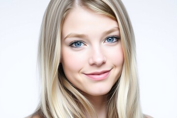 Naklejka premium a close-up portrait of a young woman with long, straight blonde hair. She is facing the camera with a neutral expression on her face. Her hair is styled in loose waves and falls over her shoulders.