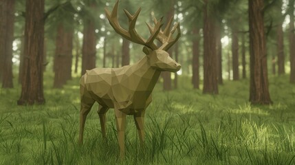 Fototapeta premium Majestic Low-Poly Stag with Intricate Antlers in Polygonal Forest Clearing Cinematic Image