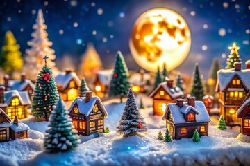 Fototapeta premium Miniature Moonlit Christmas Village, Festive Winter Wonderland, Tilt-Shift Photography