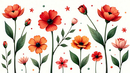 Floral pattern. Pretty flowers on a white background. Printing with small orange, red, and pink flowers. Ditsy print. Spring Bouquet.A white background, red and orange small flowers pattern. new image