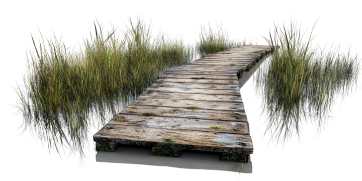 Scenic Wooden Pathway Through Lush Greenery Isolated on transparent background