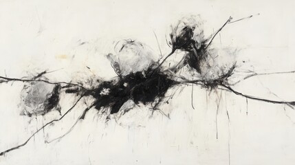 Abstract Composition in Charcoal and White with Branching Forms