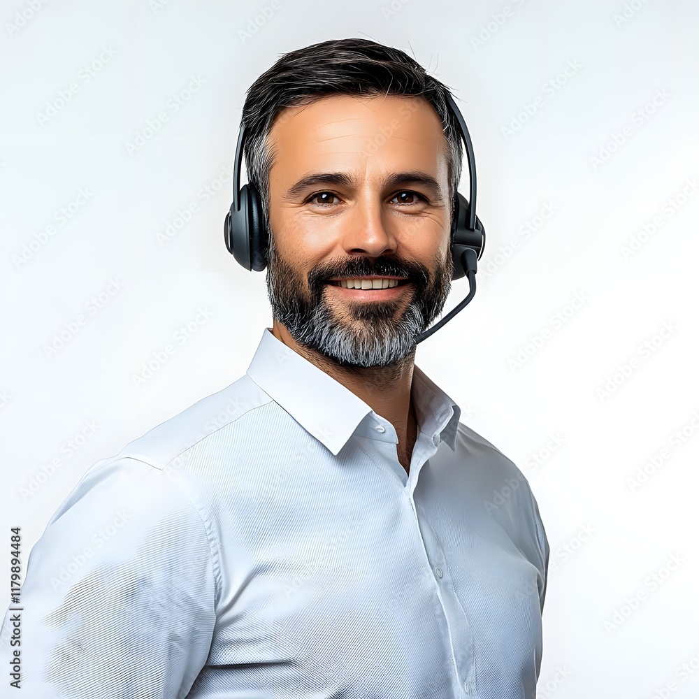 Poster a smiling man with a headset, representing customer service or support.