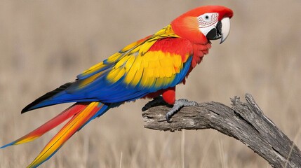 Fototapeta premium Colorful macaw perched on branch, natural habitat, vibrant plumage.