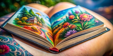 Fototapeta premium Miniature Open Book Tattoo Design, Tilt-Shift Photography