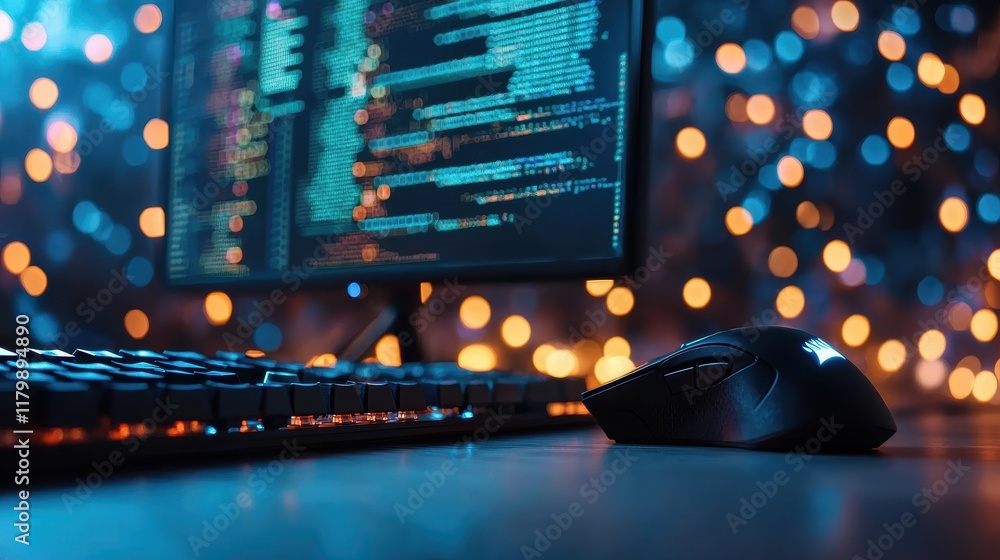 Poster a technology enthusiast desk dominated by multiple monitors displaying code, a powerful gaming pc wi