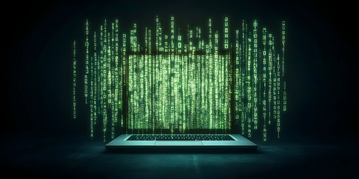 A laptop with green binary code cascading in a dark environment, symbolizing digital data and cybersecurity themes. Concept Cybersecurity Visuals, Digital Data Representation, Green Binary Code