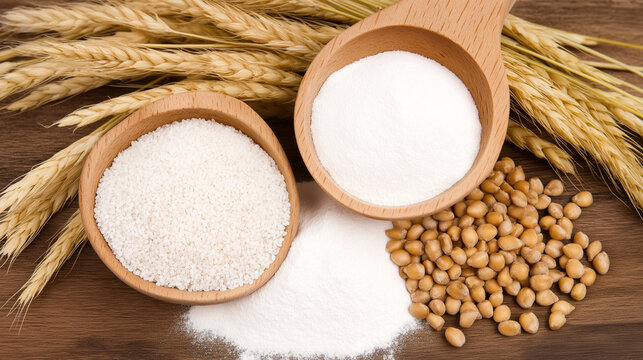 Flour Power: A rustic wooden table displays the essence of baking, featuring bowls of white flour and grains, with wheat stalks adding a touch of rustic charm.  