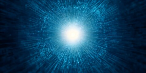 A bright center radiates light and lines, creating an impression of energy or movement in a blue abstract space. Concept Abstract Energy, Radiating Light, Blue Color Palette, Movement Illusion