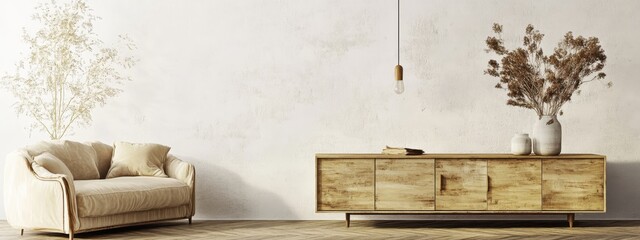 Modern minimalist living room, Scandinavian design, beige sofa, wooden sideboard, pendant lamp, neutral tones, clean lines, spacious interior, light and airy, potted plant, textured wall, cozy atmosph