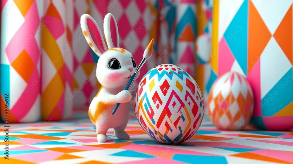 Poster bunny enjoys creativity while painting colorful patterns on a giant easter egg in a lively setting